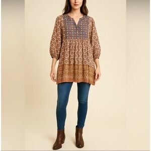 Umgee USA Bojo Mixed Print Tunic Dress Size 1 XL (12/14) Embroidered Fall Colors